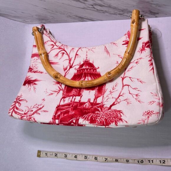 Talbots Red Toile Bamboo Handle Bag | Chinoiserie Pagoda Print | Top Handle - Picture 6 of 8